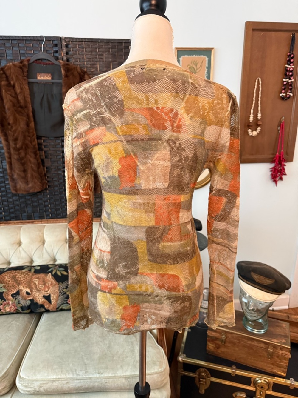 🍂✨ Vintage David Cline Embellished Mesh Top Abstract Earth Tone Y2K USA - Picture 6 of 10